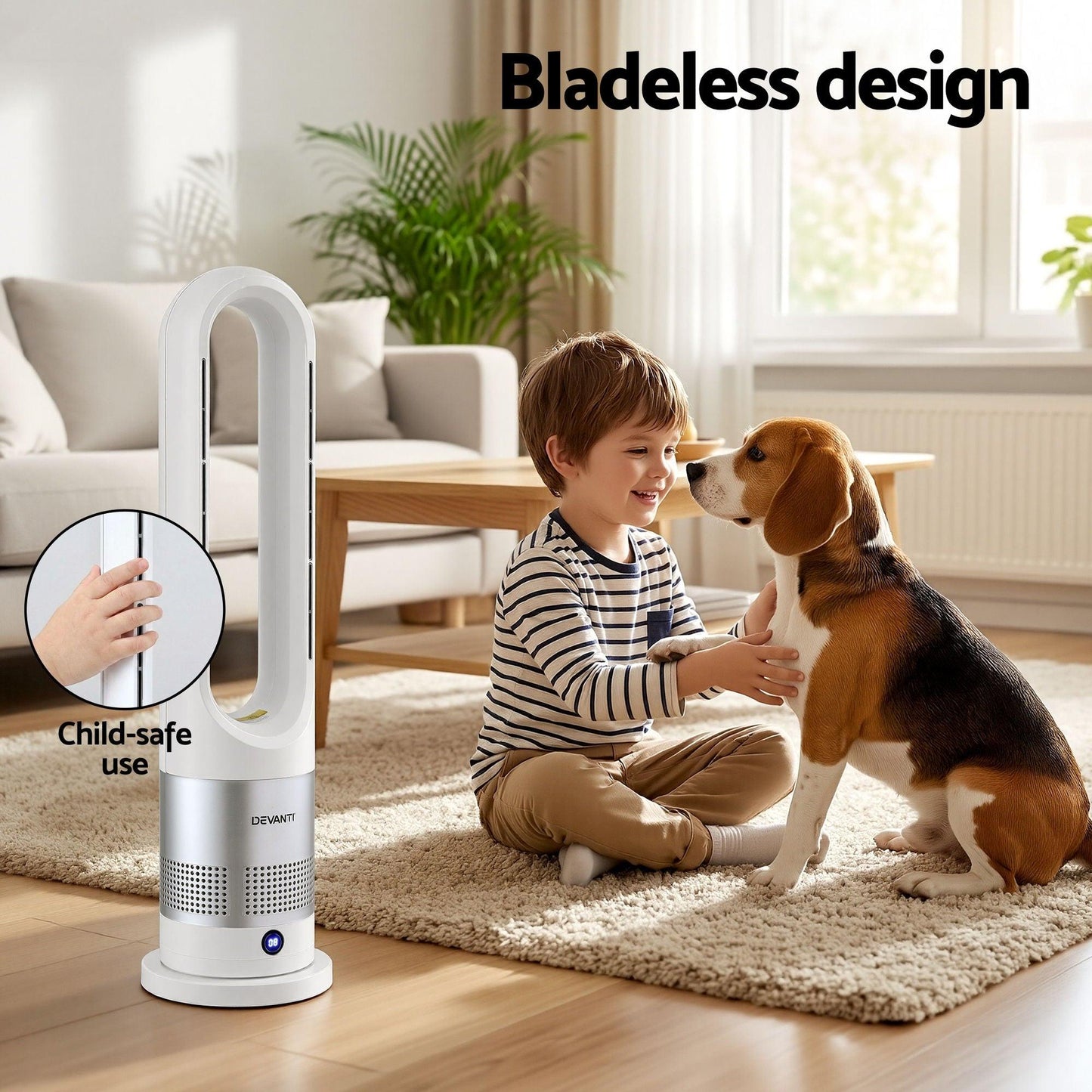 Devanti Bladeless Tower Fan Heater and Cooler 2in1 Portable Oscillation Fan for Bedroom Room Office Use White.
