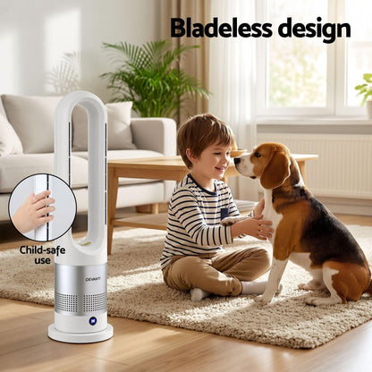 Devanti Bladeless Tower Fan Heater and Cooler 2in1 Portable Oscillation Fan for Bedroom Room Office Use White.