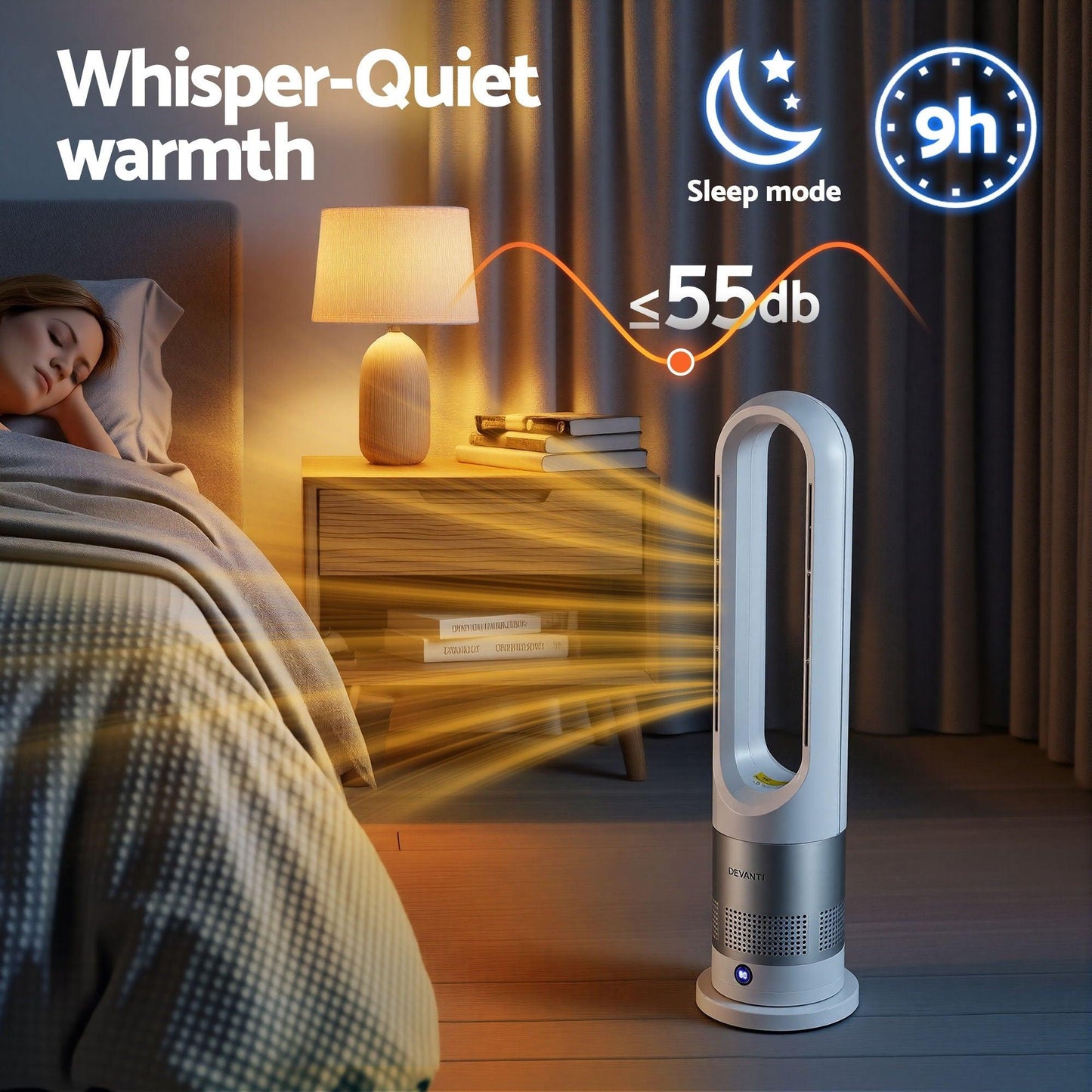 Devanti Bladeless Tower Fan Heater and Cooler 2in1 Portable Oscillation Fan for Bedroom Room Office Use White.