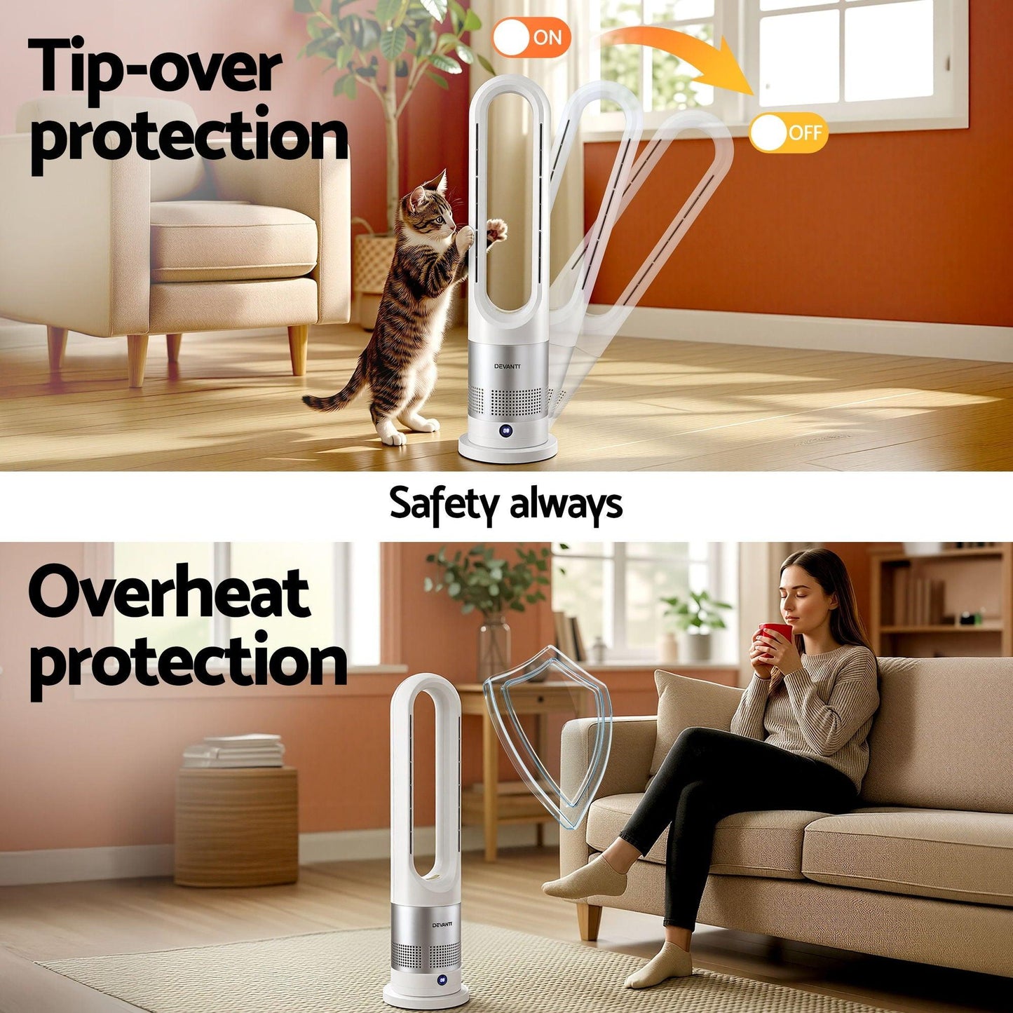 Devanti Bladeless Tower Fan Heater and Cooler 2in1 Portable Oscillation Fan for Bedroom Room Office Use White.
