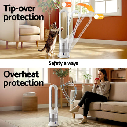 Devanti Bladeless Tower Fan Heater and Cooler 2in1 Portable Oscillation Fan for Bedroom Room Office Use White.