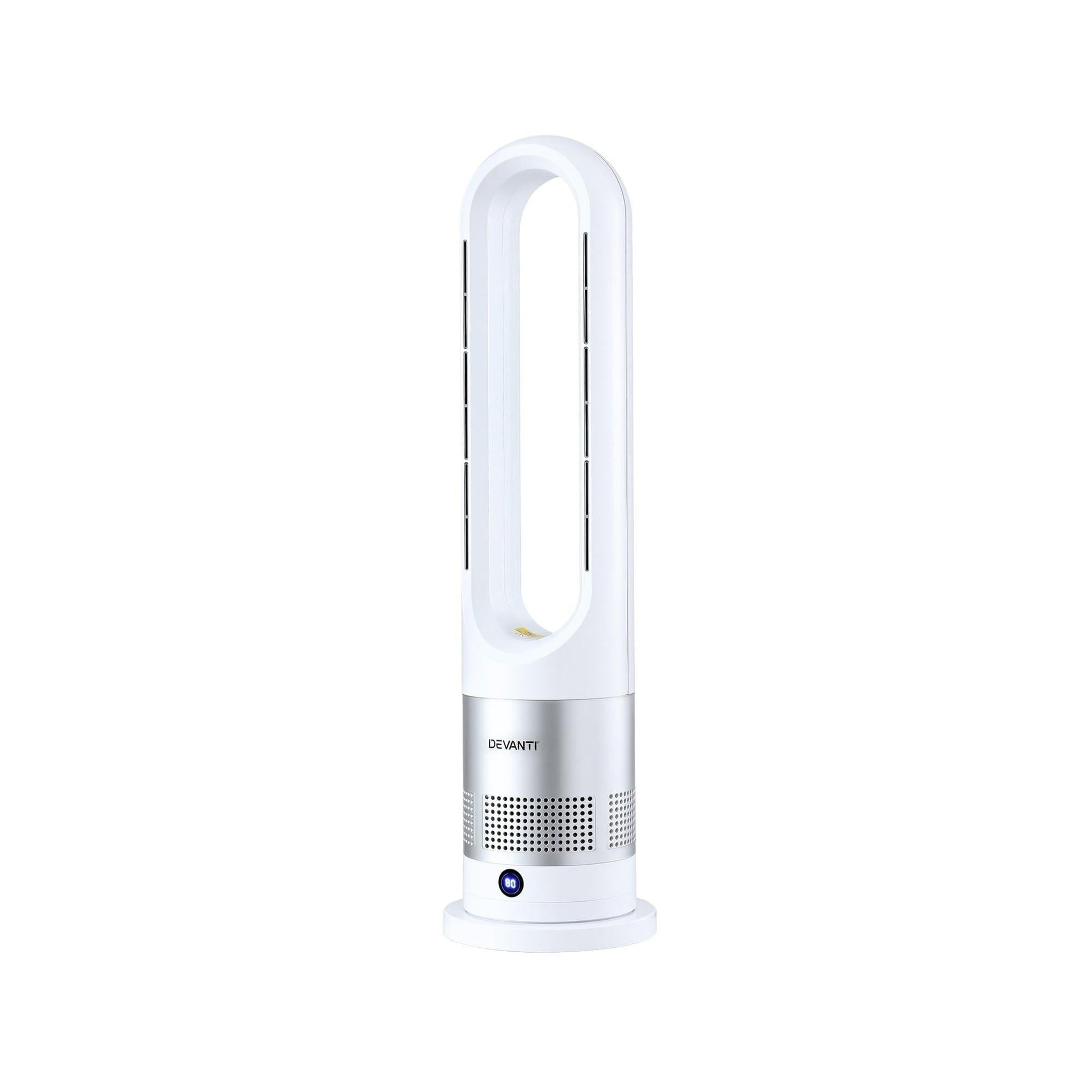Devanti Bladeless Tower Fan Heater and Cooler 2in1 Portable Oscillation Fan for Bedroom Room Office Use White.