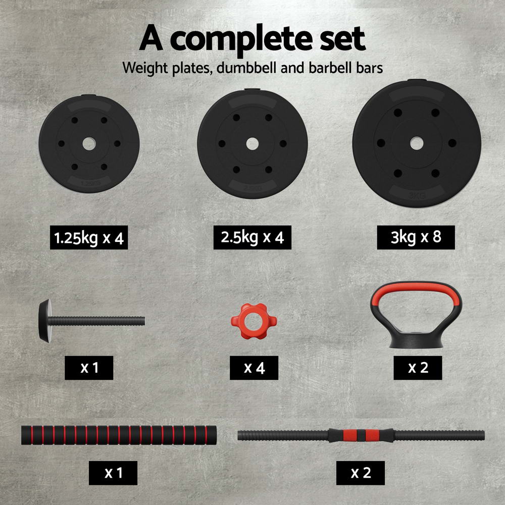 Everfit 40kg Adjustable Dumbbells Set Kettle Bell Weight Plates Barbells Gym.