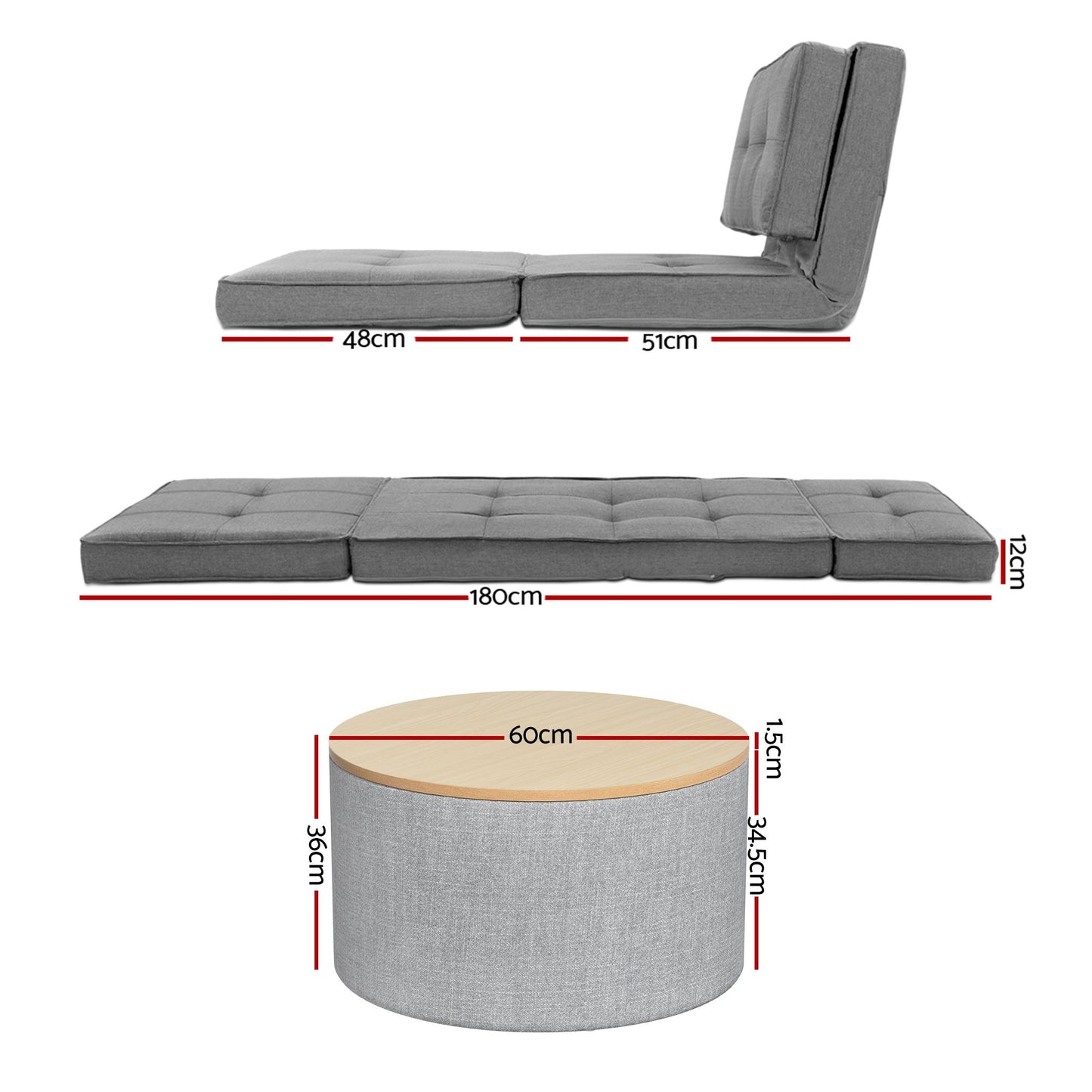 Artiss Recliner Adjustable Floor Chaise Lounge & Ottoman Foot Rest Grey Set