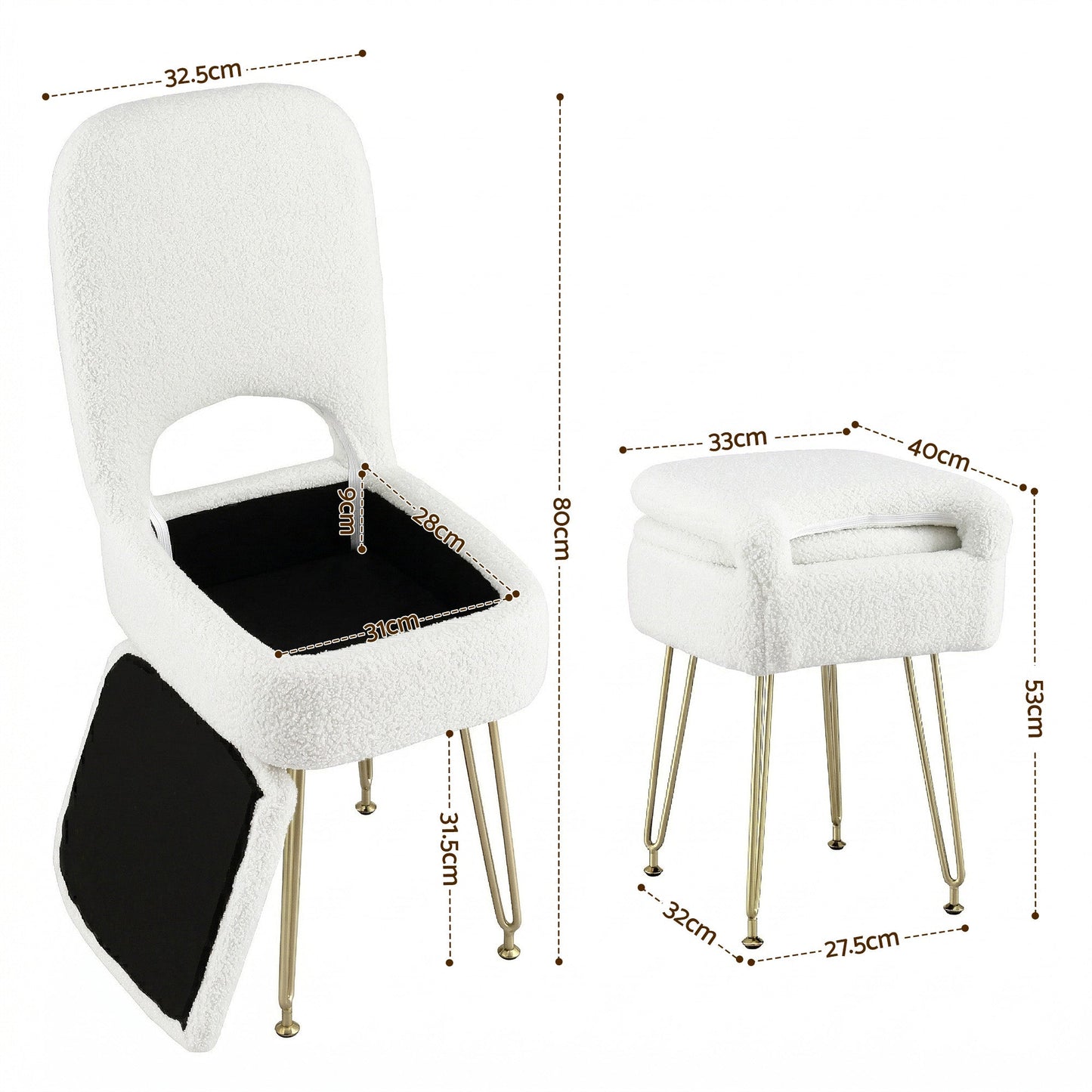 Artiss Storage Ottoman Vanity Stool Foot Stool Folding Back White
