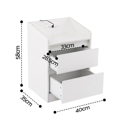 Artiss Bedside Table Nightstand with Charging Station 2 Drawers LED White