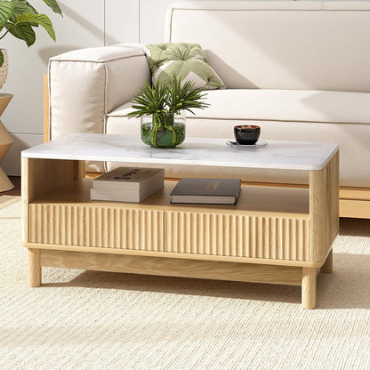 Artiss Coffee Table Drawer Shelf Marble Effect Wood&White