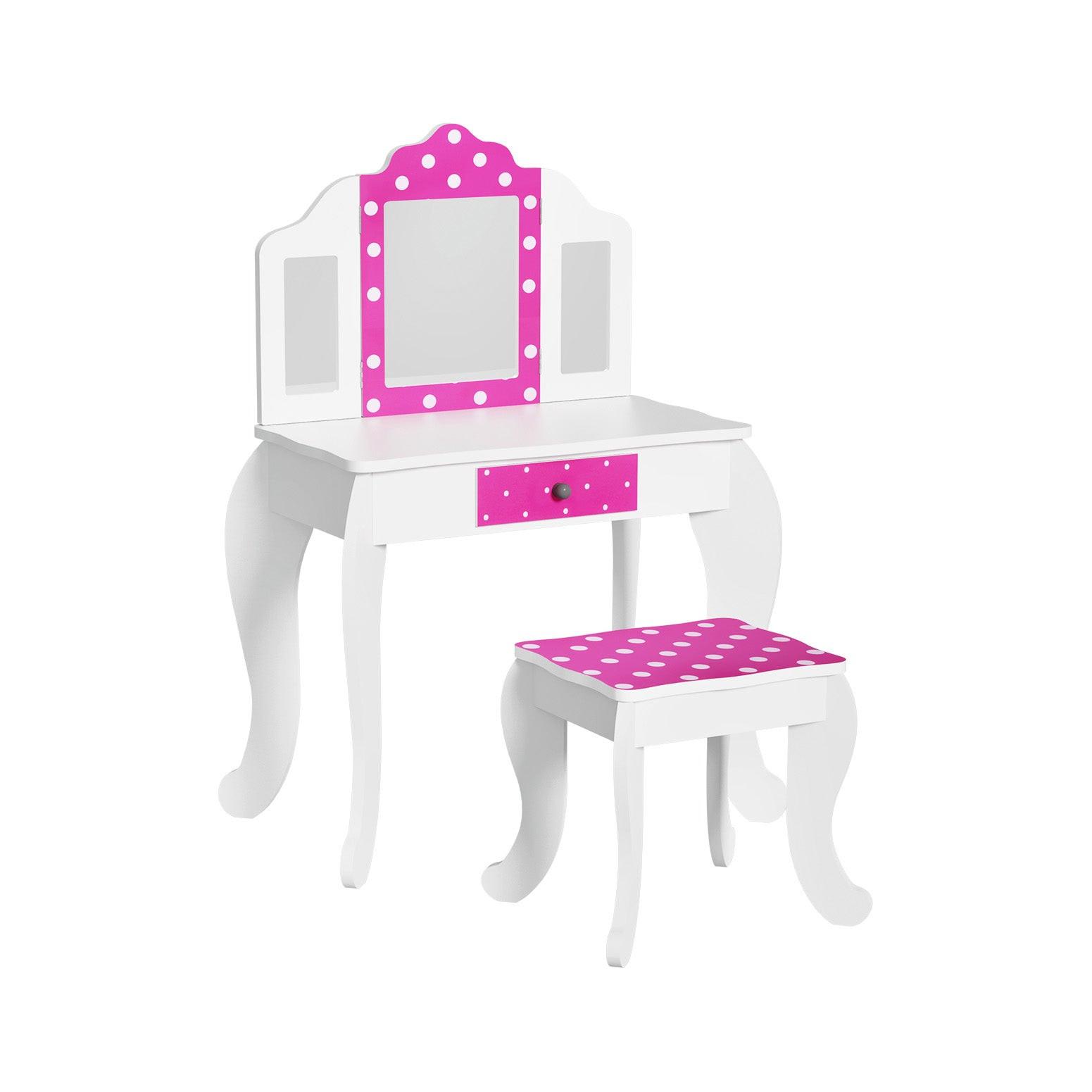Keezi Kids Dressing Table Vanity Makeup Chair Set Wooden 3 Mirror Drawer Pink.