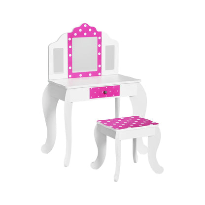 Keezi Kids Dressing Table Vanity Makeup Chair Set Wooden 3 Mirror Drawer Pink.