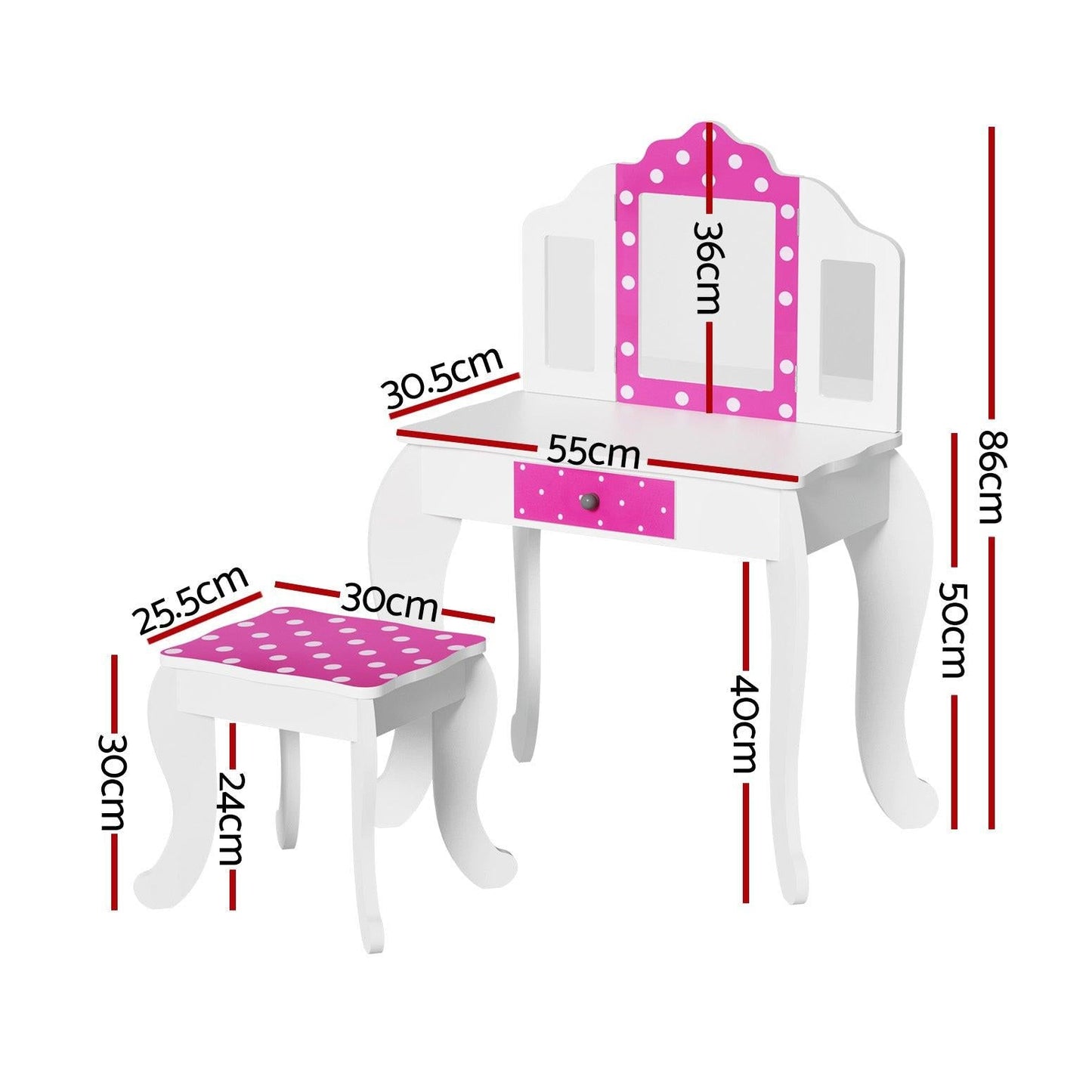 Keezi Kids Dressing Table Vanity Makeup Chair Set Wooden 3 Mirror Drawer Pink.