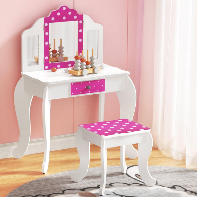 Keezi Kids Dressing Table Vanity Makeup Chair Set Wooden 3 Mirror Drawer Pink Hover Image