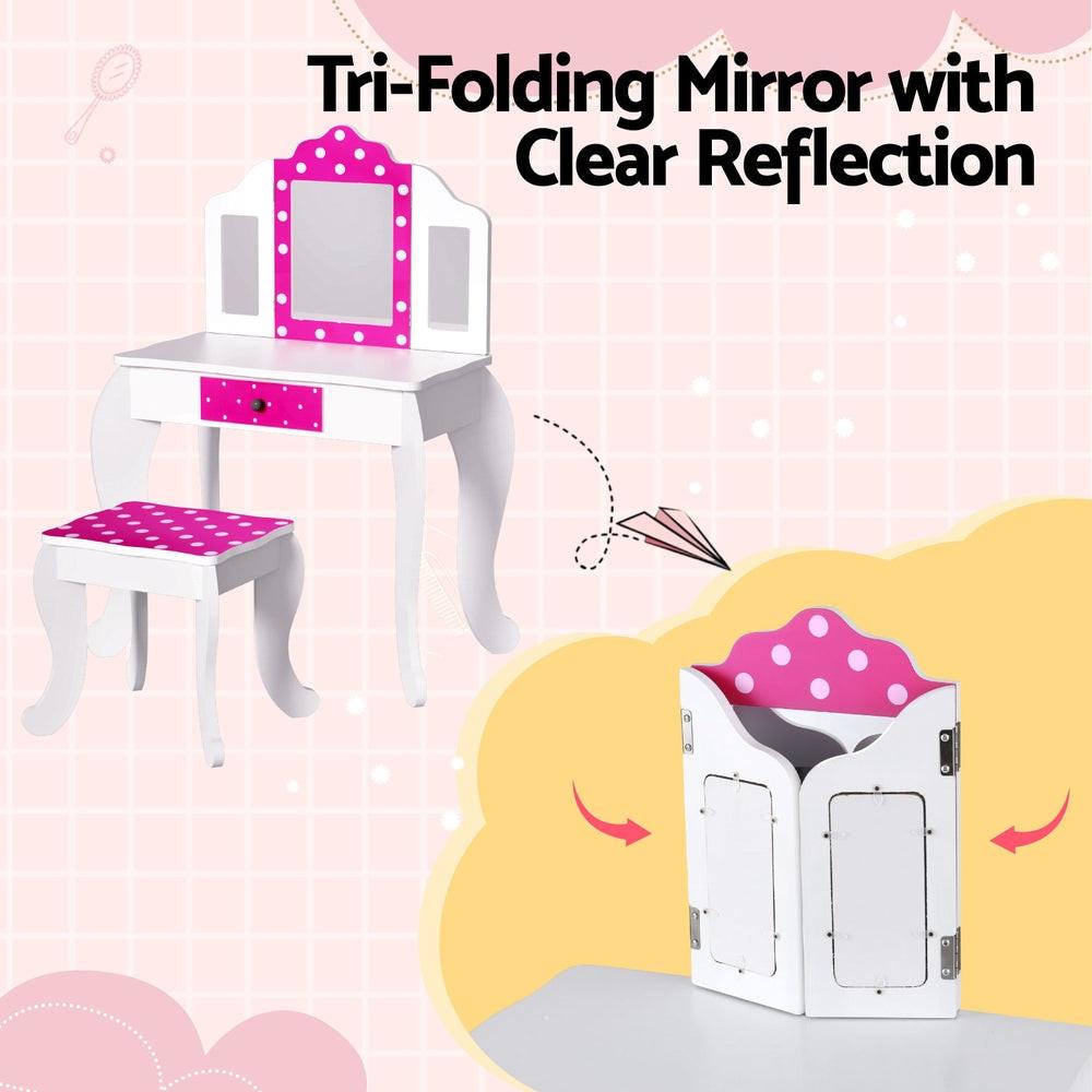 Keezi Kids Dressing Table Vanity Makeup Chair Set Wooden 3 Mirror Drawer Pink.