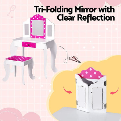 Keezi Kids Dressing Table Vanity Makeup Chair Set Wooden 3 Mirror Drawer Pink.