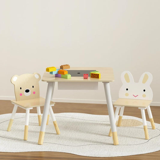 Keezi 3PCS Kids Table and Chairs Set Activity Desk Chalkboard Toy Hidden Storage.