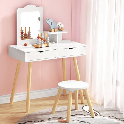 Keezi Kids Dressing Table Vanity Makeup Chair Set with Mirror Drawers Wooden Legs.