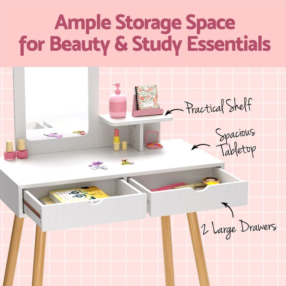 Keezi Kids Dressing Table Vanity Makeup Chair Set with Mirror Drawers Wooden Legs.