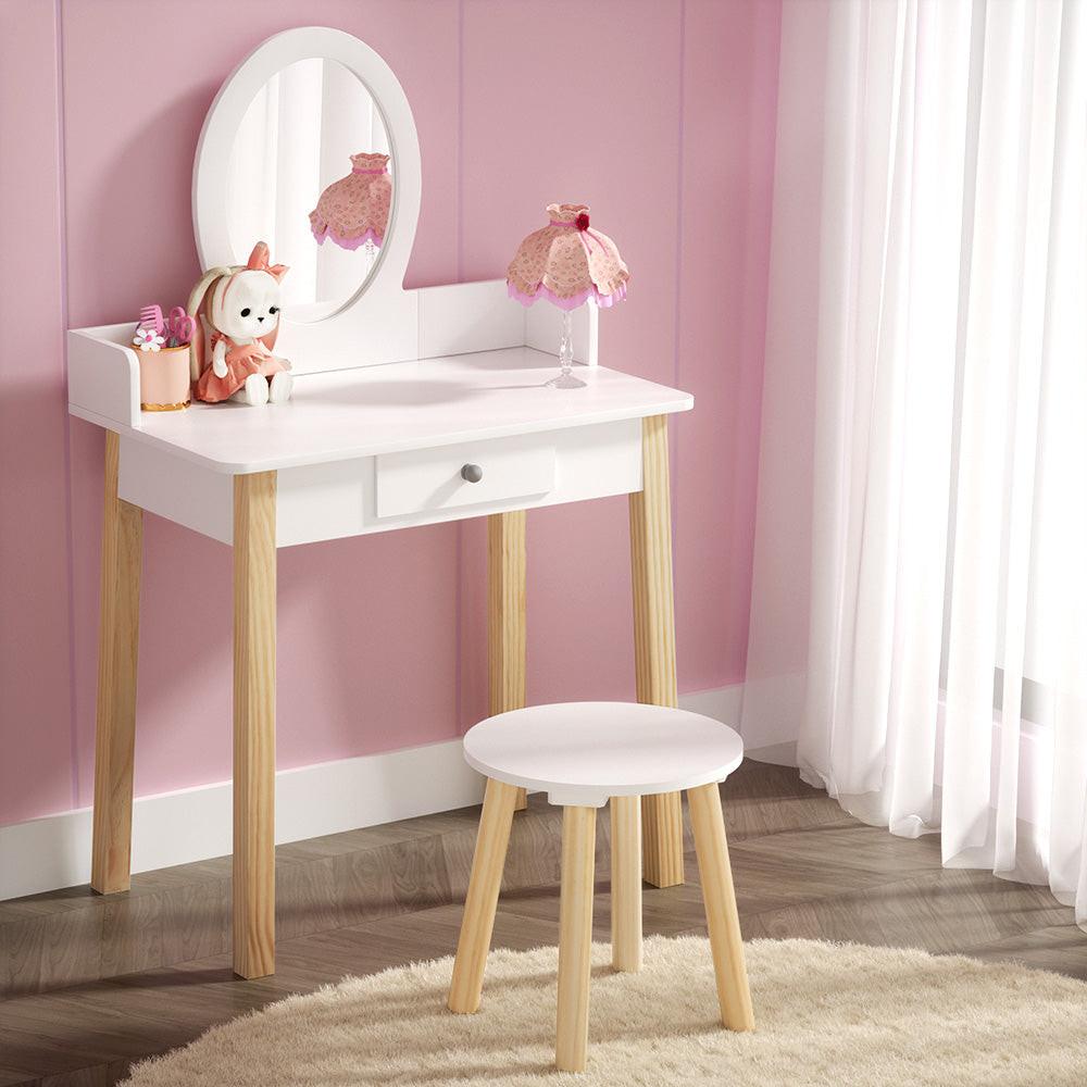 Keezi Kids Dressing Table Chair Set Wooden Leg Vanity Makeup Drawer Mirror.