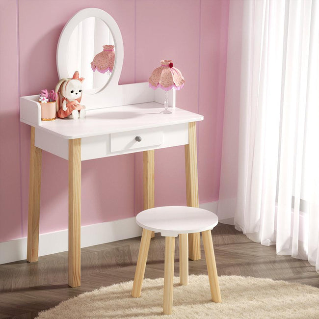 Keezi Kids Dressing Table Chair Set Wooden Leg Vanity Makeup Drawer Mirror Hover Image