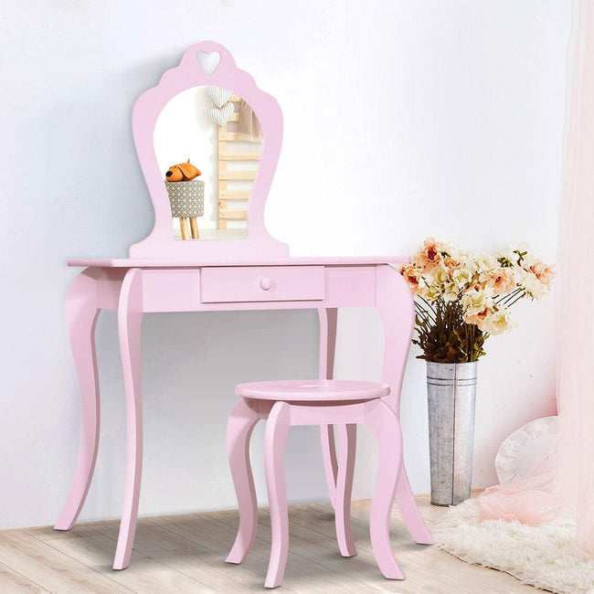 Keezi Kids Dressing Table Stool Set Vanity Mirror Princess Children Makeup Pink Hover Image