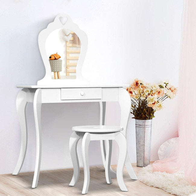 Keezi Kids Dressing Table Stool Set Vanity Mirror Princess Children Makeup White Hover Image