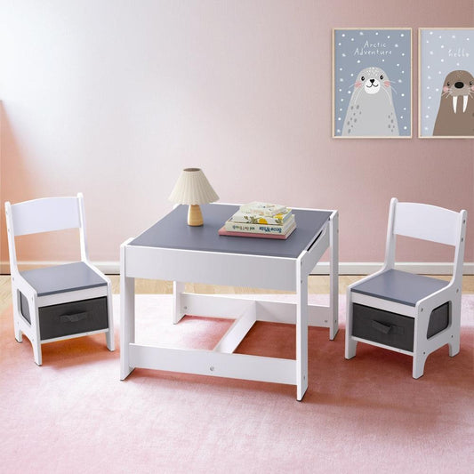 Keezi Kids Table and Chairs Set Play Activity Toys Storage Chalkboard Desk Grey.