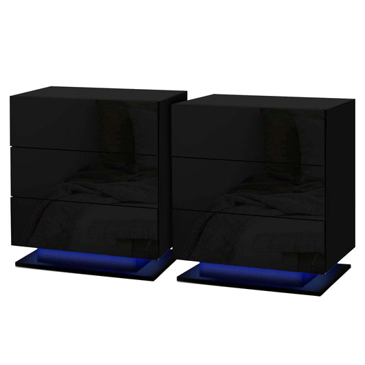 Artiss 2x Bedside Table LED 3 Drawers - MORI Black