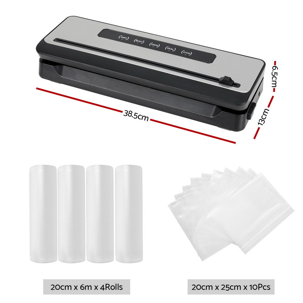 Devanti Food Vacuum Sealer Machine Sealing Cutter 4 Modes Storage Bags 4 Rolls