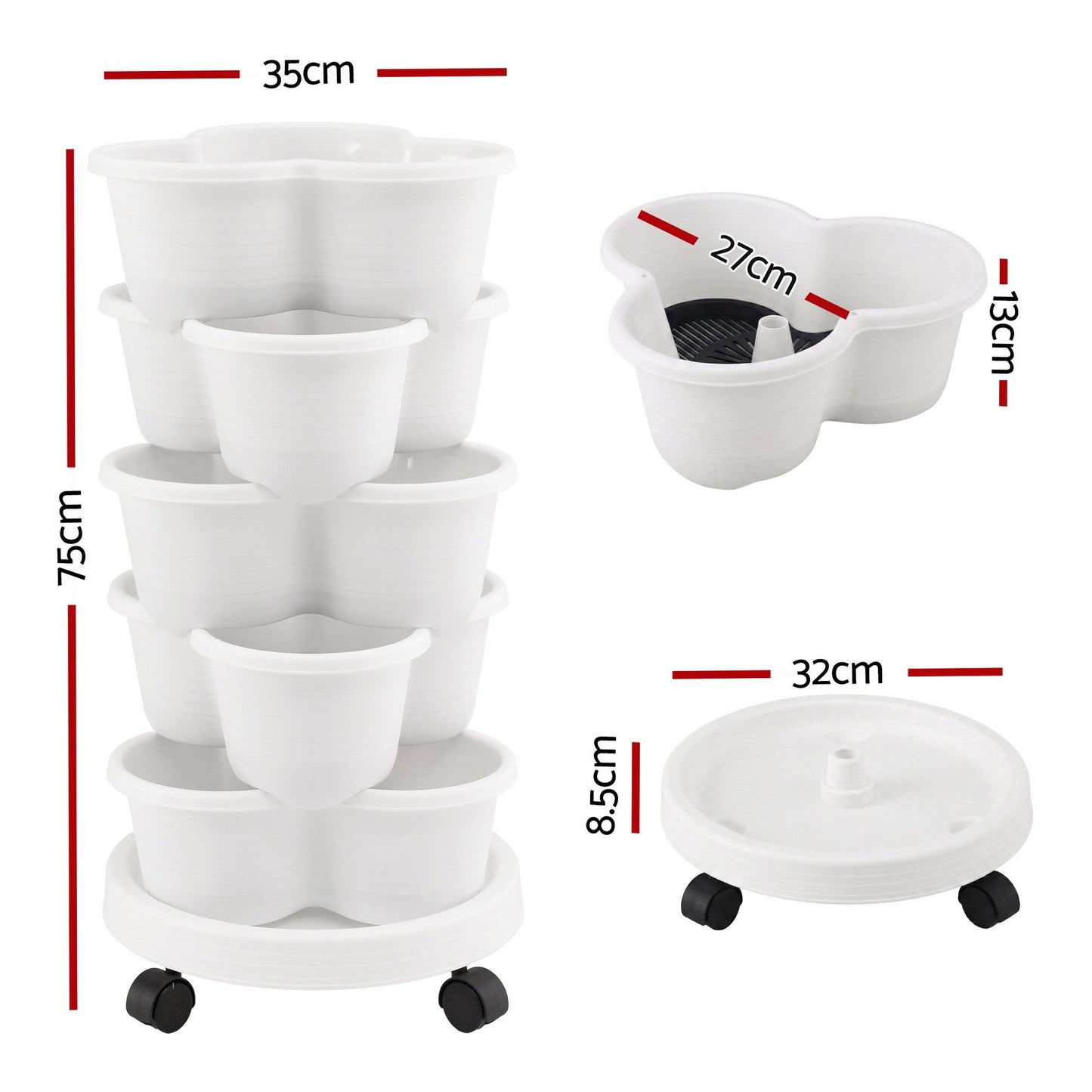Green Fingers 5 Tier Vertical Garden Planter, Stackable Planters with Wheels, White, Garden Bed, Garden Tower Indoor Outdoor, Auto Drainage System, for Strawberries, Herbs, Flowers, Vegetables