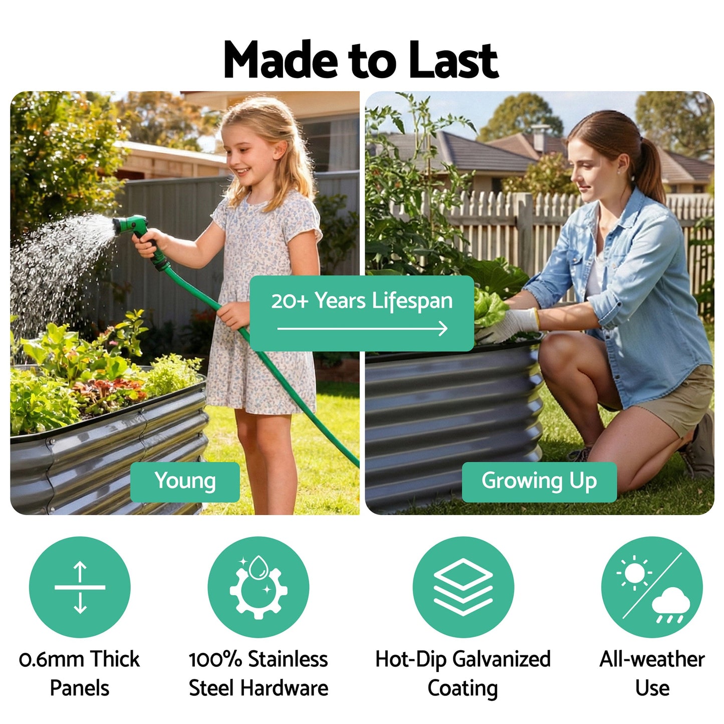 Green Fingers 3 Pcs Raised Garden Bed Kit Oval Galvanized Steel Planter Boxes 320x80x42cm, Heavy Duty Metal Elevated Garden Bed for Vegetables Flowers Herbs, with Safety Edging, Gloves & Pegs Included