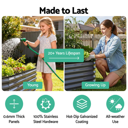 Green Fingers 3 Pcs Raised Garden Bed Kit Oval Galvanized Steel Planter Boxes 320x80x42cm, Heavy Duty Metal Elevated Garden Bed for Vegetables Flowers Herbs, with Safety Edging, Gloves & Pegs Included