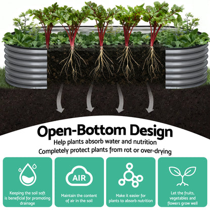 Green Fingers 3 Pcs Raised Garden Bed Kit Oval Galvanized Steel Planter Boxes 320x80x42cm, Heavy Duty Metal Elevated Garden Bed for Vegetables Flowers Herbs, with Safety Edging, Gloves & Pegs Included