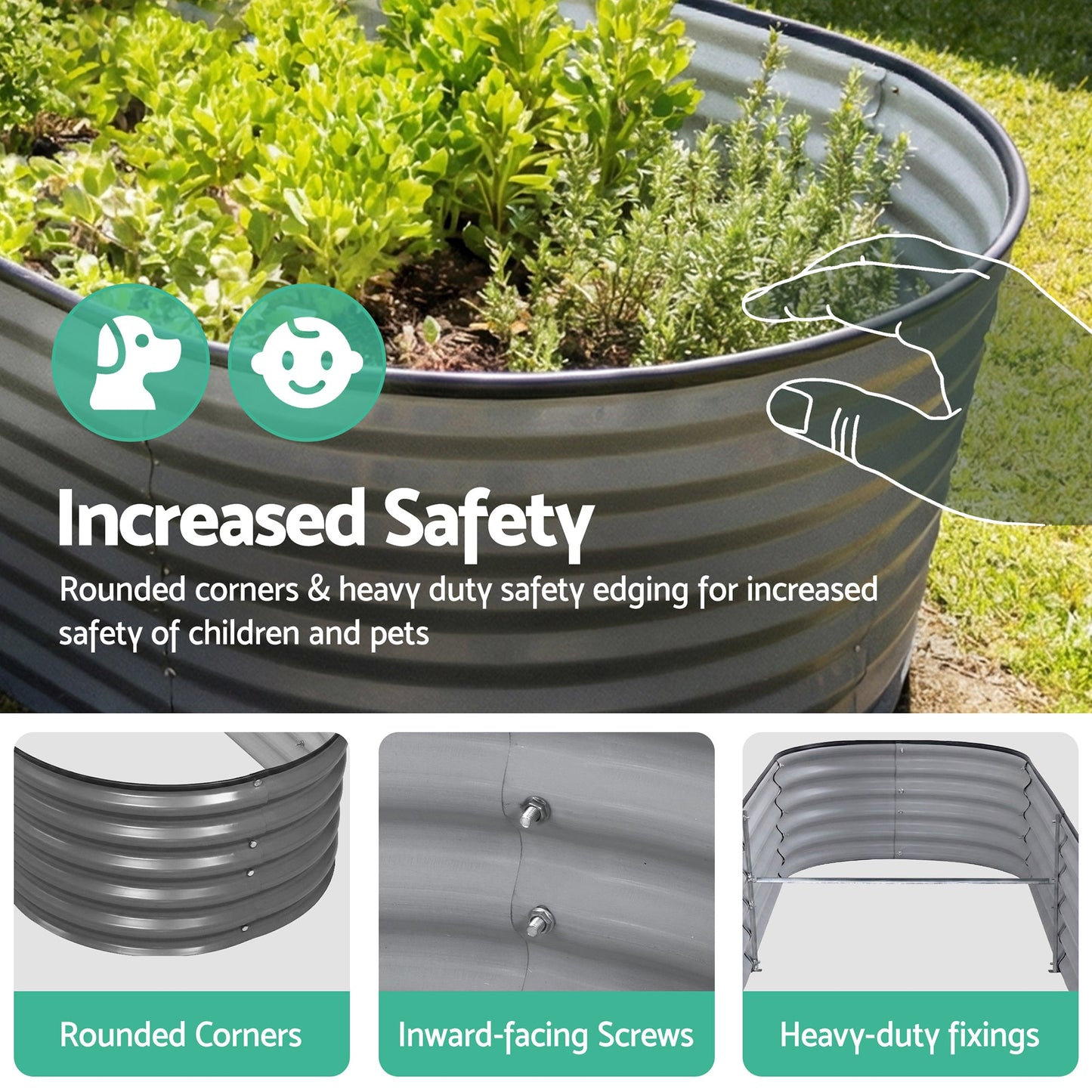 Green Fingers 3 Pcs Raised Garden Bed Kit Oval Galvanized Steel Planter Boxes 320x80x42cm, Heavy Duty Metal Elevated Garden Bed for Vegetables Flowers Herbs, with Safety Edging, Gloves & Pegs Included