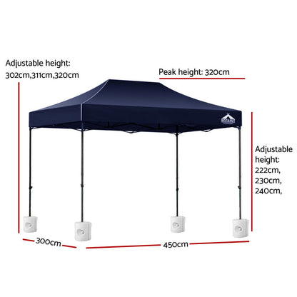 Instahut Gazebo Pop Up 3x4.5m w/Base Podx4 Marquee Folding Outdoor Wedding Camping Tent Shade Canopy Navy
