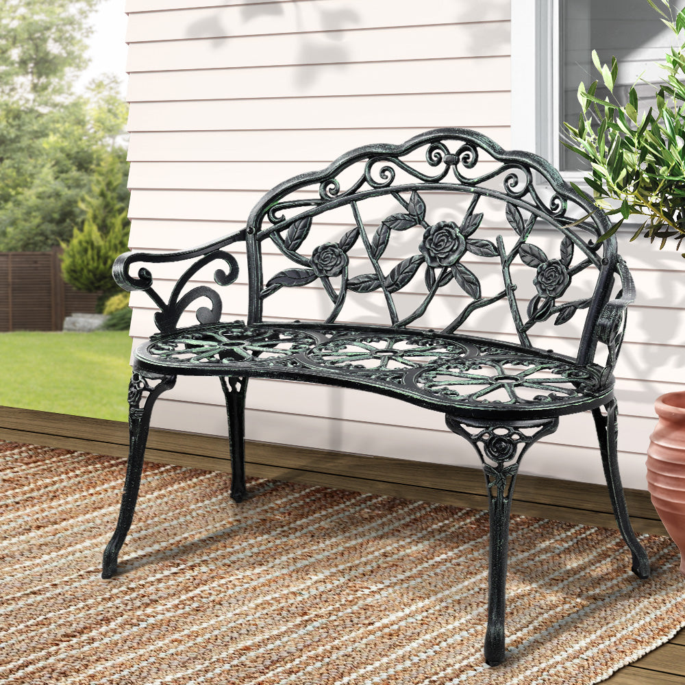 Gardeon Outdoor Garden Bench Seat 100cm Cast Aluminium Patio Chair Vintage Green.