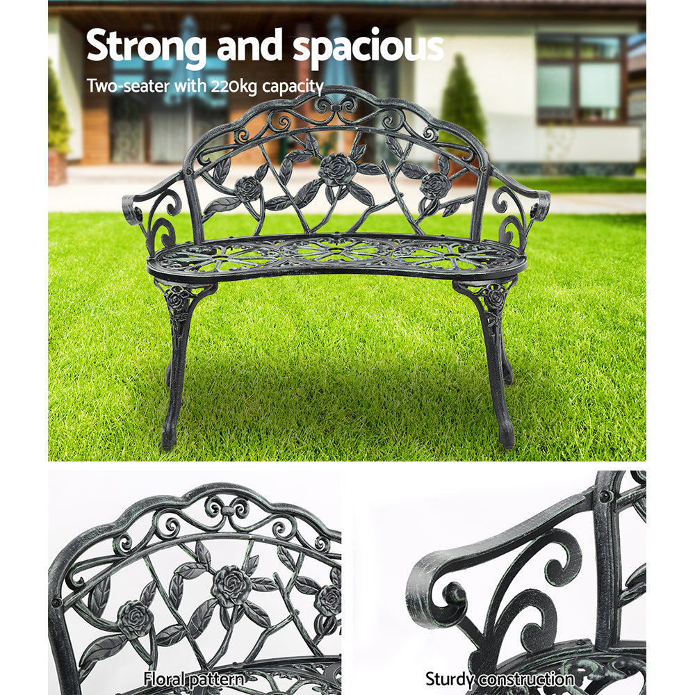 Gardeon Outdoor Garden Bench Seat 100cm Cast Aluminium Patio Chair Vintage Green.