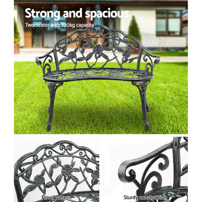 Gardeon Outdoor Garden Bench Seat 100cm Cast Aluminium Patio Chair Vintage Green.