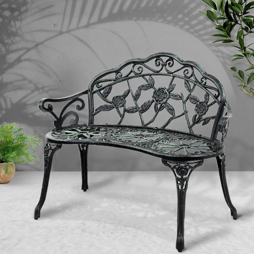 Gardeon Outdoor Garden Bench Seat 100cm Cast Aluminium Patio Chair Vintage Green.