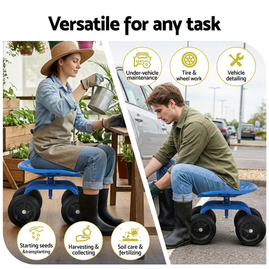 Gardeon Garden Seat 360 Swivel Rolling Adjustable Height Work Scooter Cart Wheels Heavy Duty 150kg.