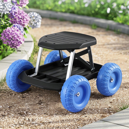 Gardeon Garden Cart Seat with Wheels, Rolling Work Stool with Tool Storage Tray, 440lbs (200kg) Heavy Duty Capacity Garden Stool for Outdoor Yard Work, Car Detailing, and Garage Maintenance, Blue/Black.