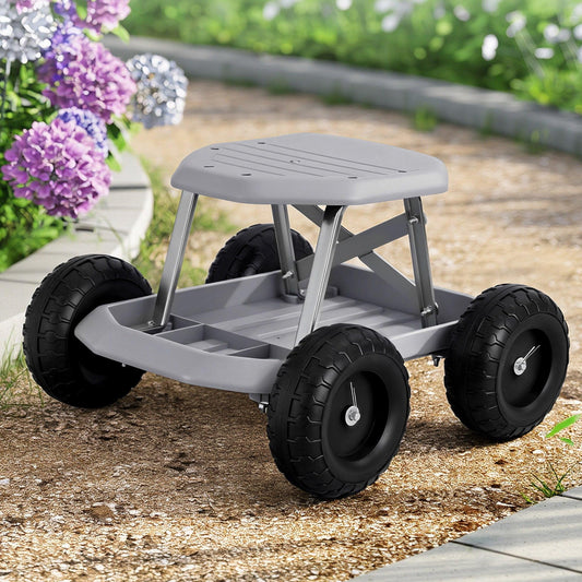 Gardeon Garden Cart Seat with Wheels, Rolling Work Stool with Tool Storage Tray, 440lbs (200kg) Heavy Duty Capacity Garden Stool for Outdoor Yard Work, Car Detailing, and Garage Maintenance, Grey/Black.