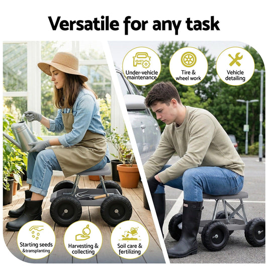 Gardeon Garden Cart Seat with Wheels, Rolling Work Stool with Tool Storage Tray, 440lbs (200kg) Heavy Duty Capacity Garden Stool for Outdoor Yard Work, Car Detailing, and Garage Maintenance, Grey/Black.