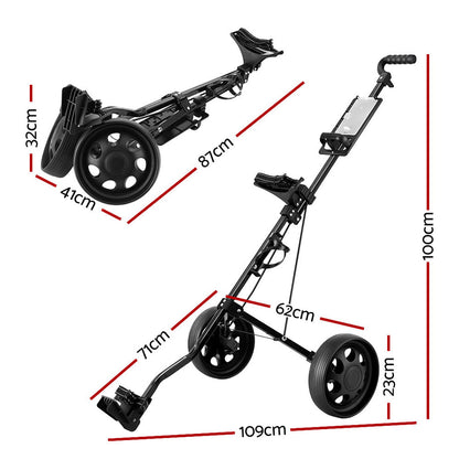 Everfit Golf Buggy Quick Folding Trolley Golf Cart Trolley 2 Wheels Cup Holder.