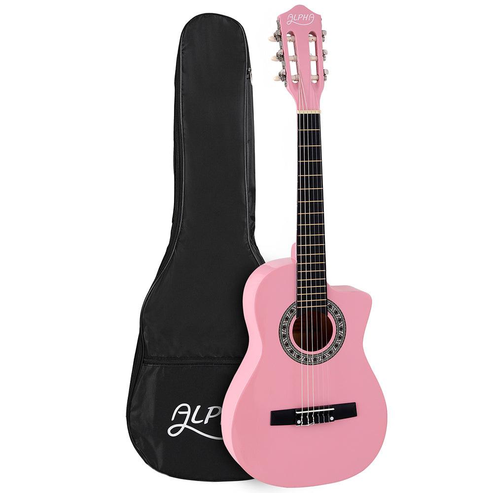 Alpha 34 Inch Classical Guitar Wooden Body Nylon String Beginner Kids Gift Pink.