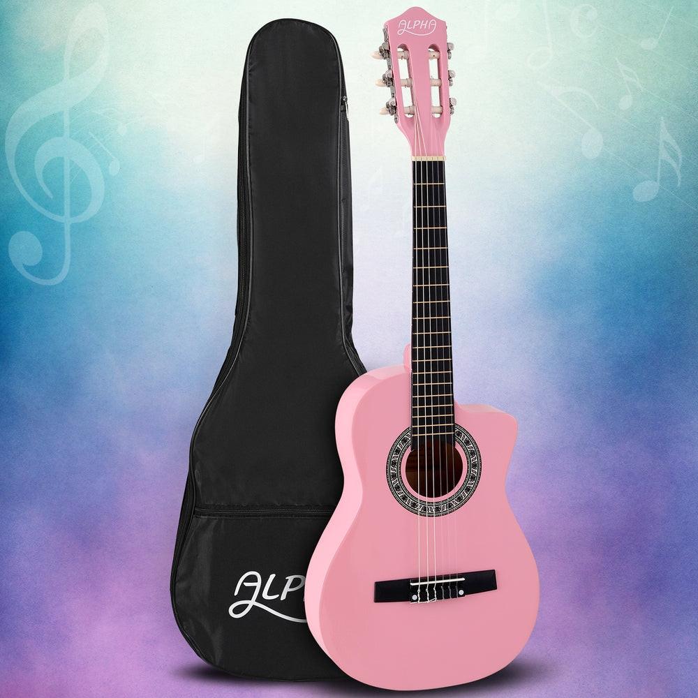 Alpha 34 Inch Classical Guitar Wooden Body Nylon String Beginner Kids Gift Pink.