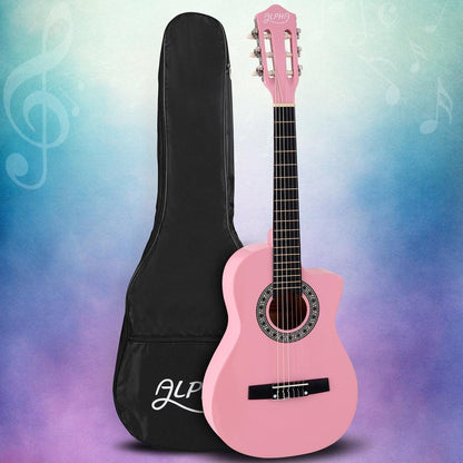 Alpha 34 Inch Classical Guitar Wooden Body Nylon String Beginner Kids Gift Pink.