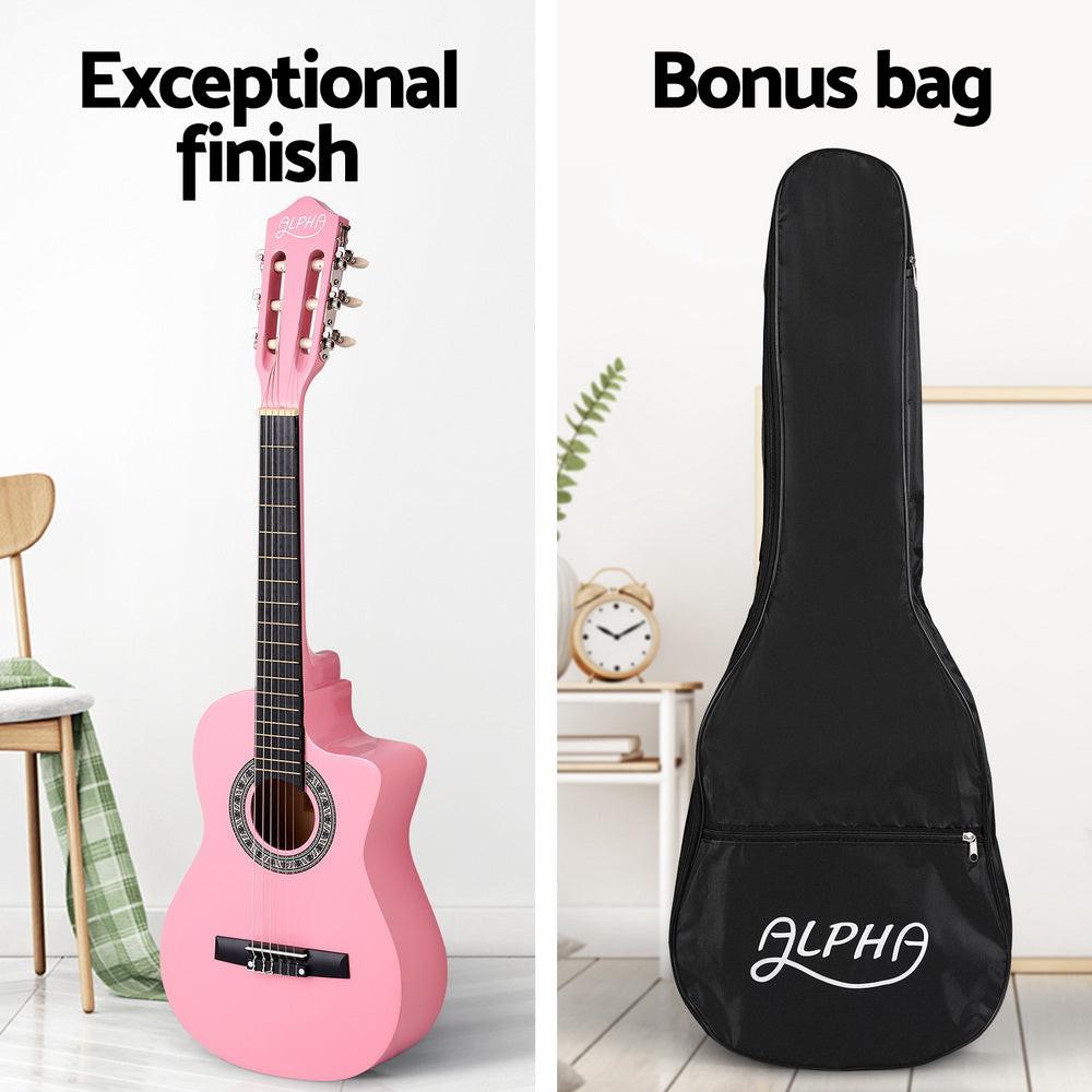 Alpha 34 Inch Classical Guitar Wooden Body Nylon String Beginner Kids Gift Pink.