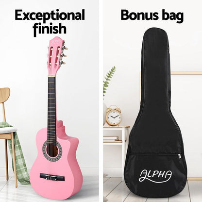 Alpha 34 Inch Classical Guitar Wooden Body Nylon String Beginner Kids Gift Pink.