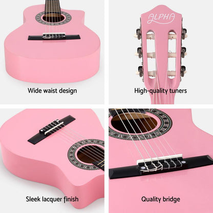 Alpha 34 Inch Classical Guitar Wooden Body Nylon String Beginner Kids Gift Pink.