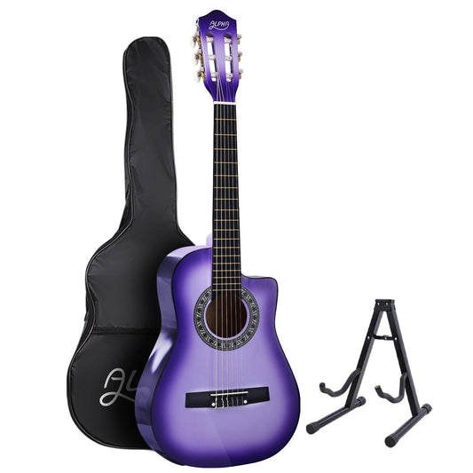 Alpha 34 Inch Classical Guitar Wooden Body Nylon String w/ Stand Beignner Purple.