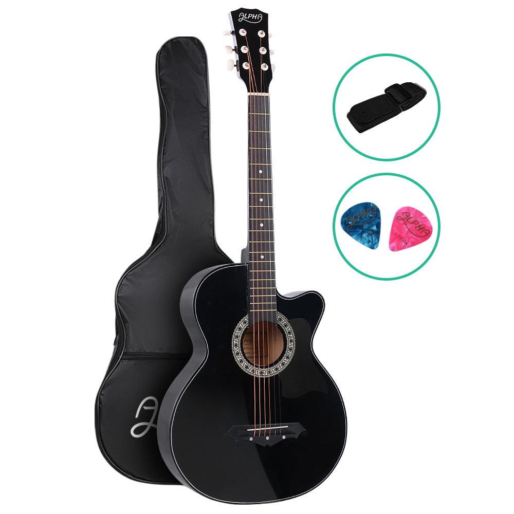 Alpha 38 Inch Acoustic Guitar Wooden Body Steel String Full Size Cutaway Black.